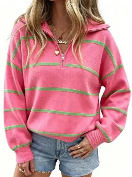 Women's Casual Oversized Zip‑Front Striped Top