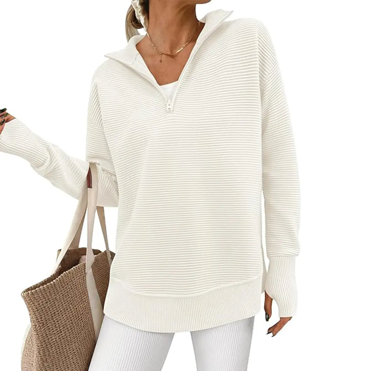 ⏰Hot Sale-Women Oversized Half Zip Collar Vertical Rib Long Sleeve Knit Top
