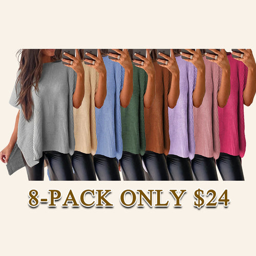 Women's Oversized Puff Short Sleeve Knit Sweater Casual Round Neck Side Slit Elegant Pullover Top