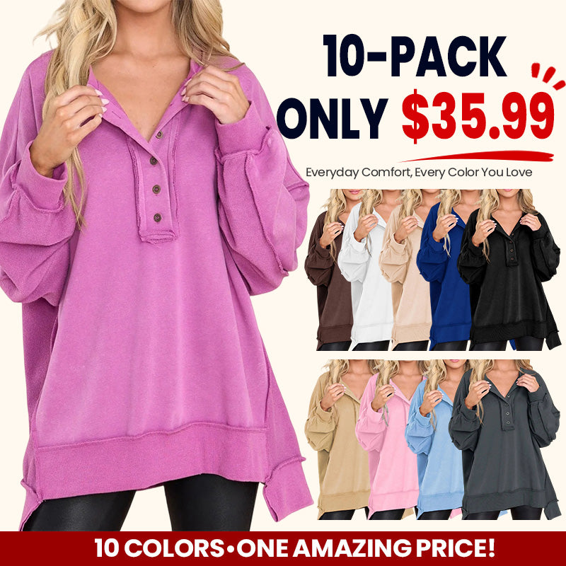 ⏰Hot Sale-Women's Oversized Henley Casual Buttoned Sweatshirt
