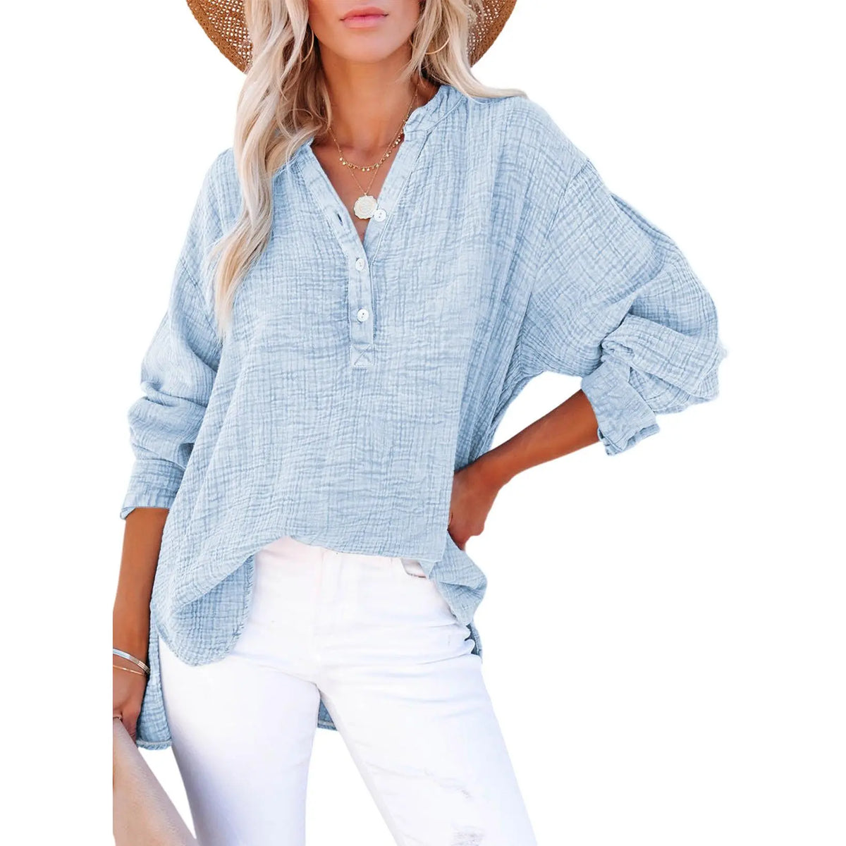 🔥 TODAY ONLY ：Casual V Neck Cotton Blouse - Loose Fit