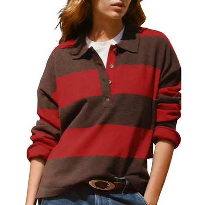 Women's Striped Collared Rugby Polo Sweater Long Sleeve Soft Knit Y2K Casual Pullover Top