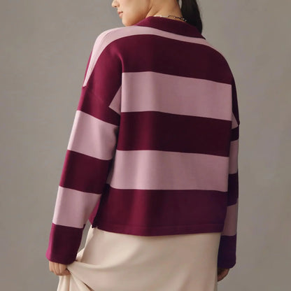 Women's Striped Collared Rugby Polo Sweater Long Sleeve Soft Knit Y2K Casual Pullover Top