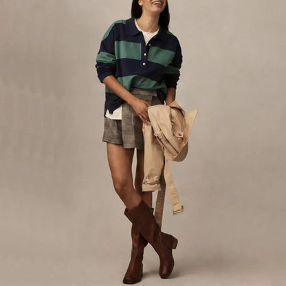Women's Striped Collared Rugby Polo Sweater Long Sleeve Soft Knit Y2K Casual Pullover Top