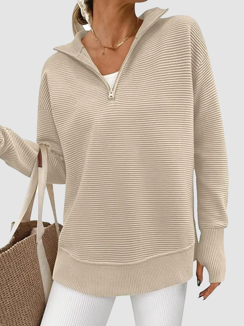 ⏰Hot Sale-Women Oversized Half Zip Collar Vertical Rib Long Sleeve Knit Top