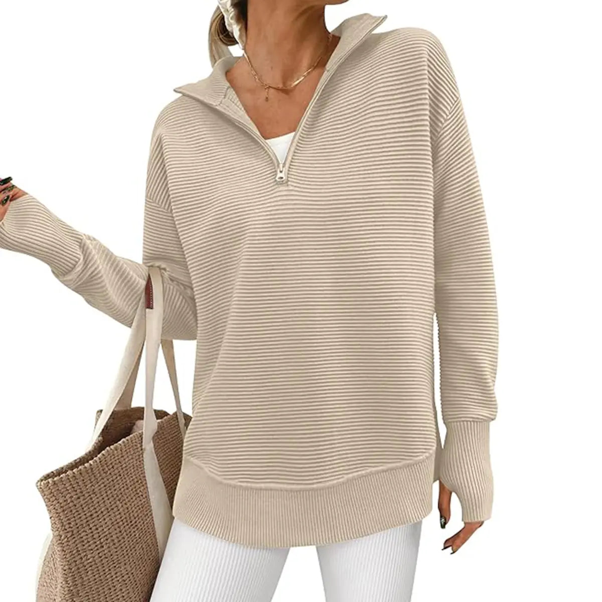 ⏰Hot Sale-Women Oversized Half Zip Collar Vertical Rib Long Sleeve Knit Top