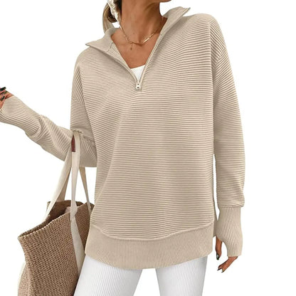 ⏰Hot Sale-Women Oversized Half Zip Collar Vertical Rib Long Sleeve Knit Top