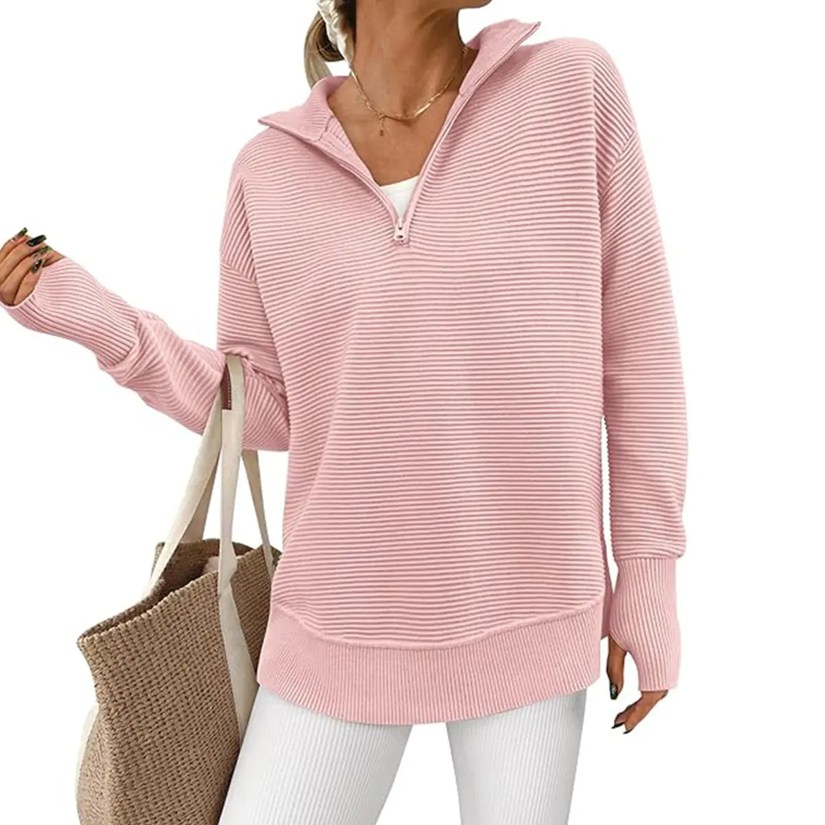 ⏰Hot Sale-Women Oversized Half Zip Collar Vertical Rib Long Sleeve Knit Top