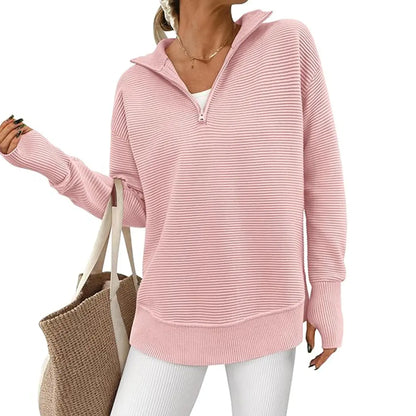 ⏰Hot Sale-Women Oversized Half Zip Collar Vertical Rib Long Sleeve Knit Top