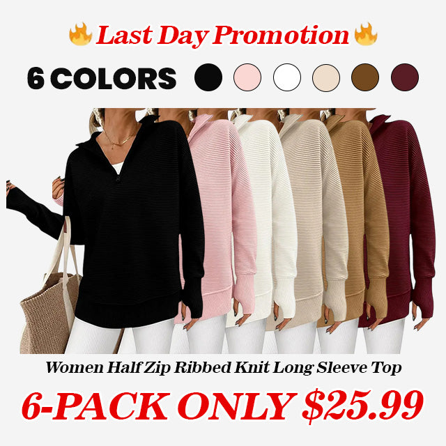 ⏰Hot Sale-Women Oversized Half Zip Collar Vertical Rib Long Sleeve Knit Top