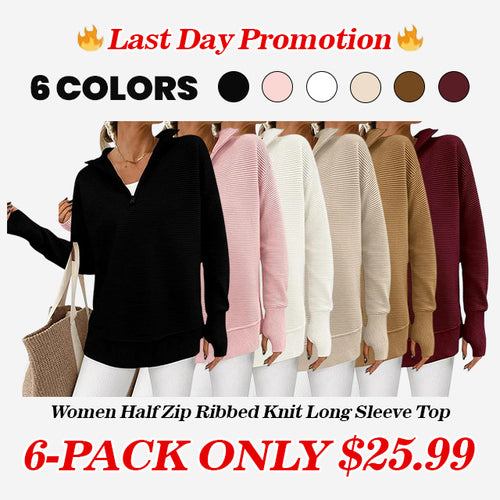 ⏰Hot Sale-Women Oversized Half Zip Collar Vertical Rib Long Sleeve Knit Top