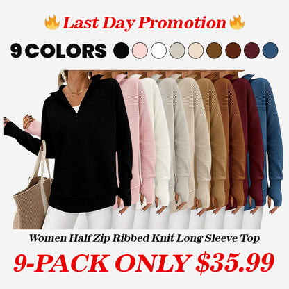 ⏰Hot Sale-Women Oversized Half Zip Collar Vertical Rib Long Sleeve Knit Top