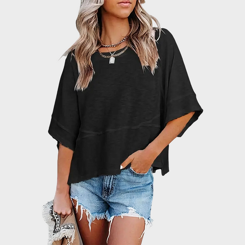 Panel Solid Color Flared Sleeve T-Shirt