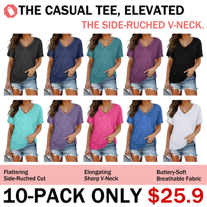 Women's V Neck Dolman Sleeve Side Shirring Loose Fit Top