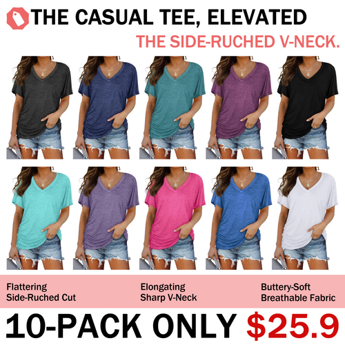 Women's V Neck Dolman Sleeve Side Shirring Loose Fit Top