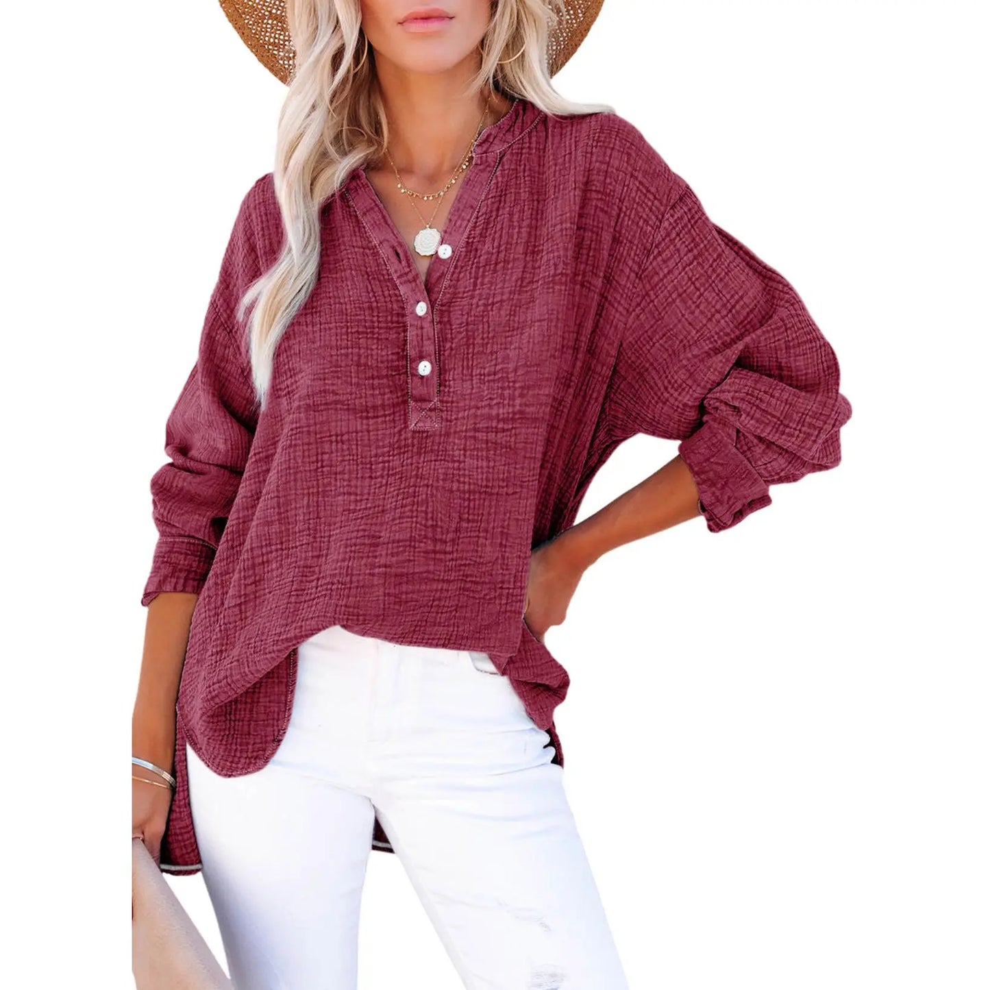 🔥 TODAY ONLY ：Casual V Neck Cotton Blouse - Loose Fit