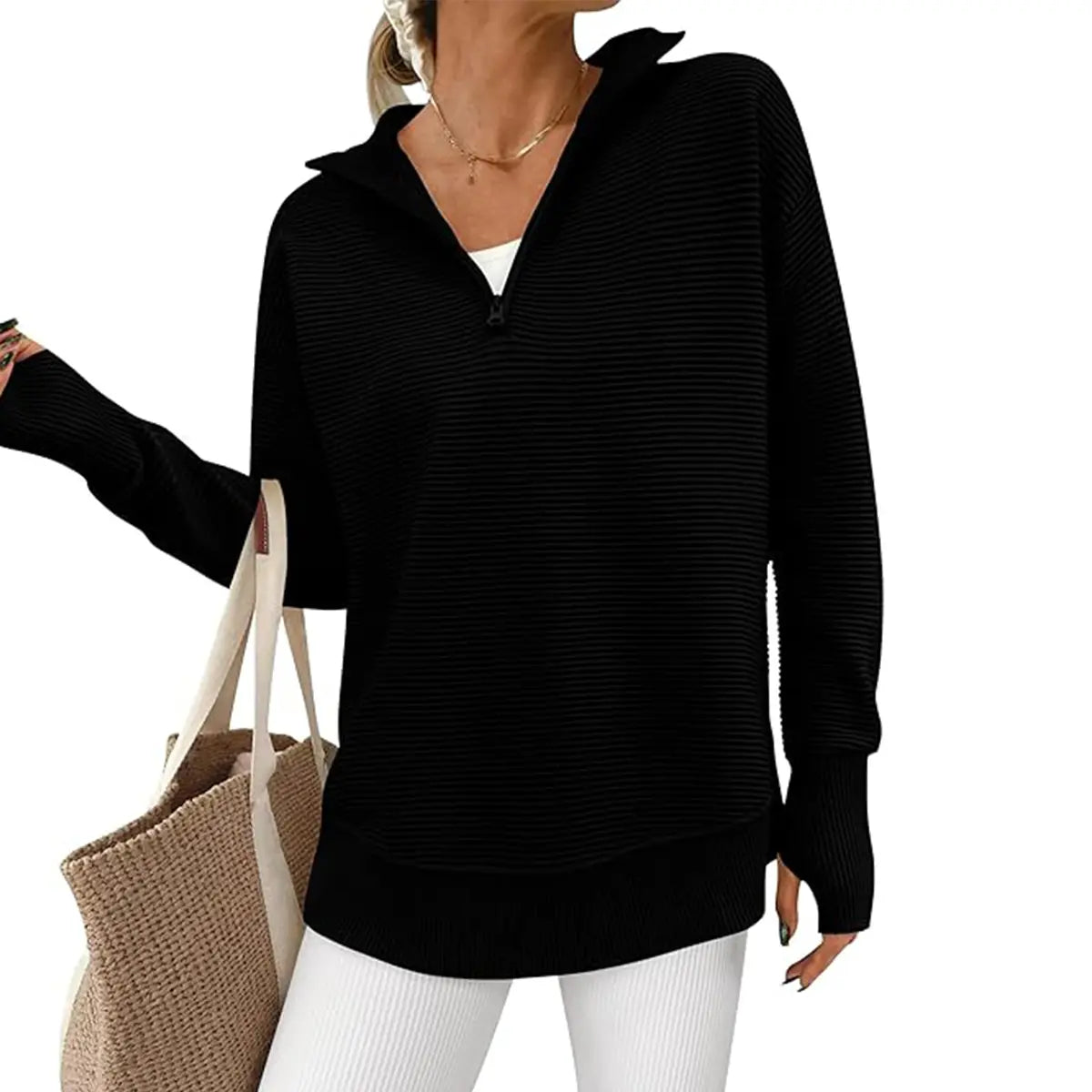 ⏰Hot Sale-Women Oversized Half Zip Collar Vertical Rib Long Sleeve Knit Top