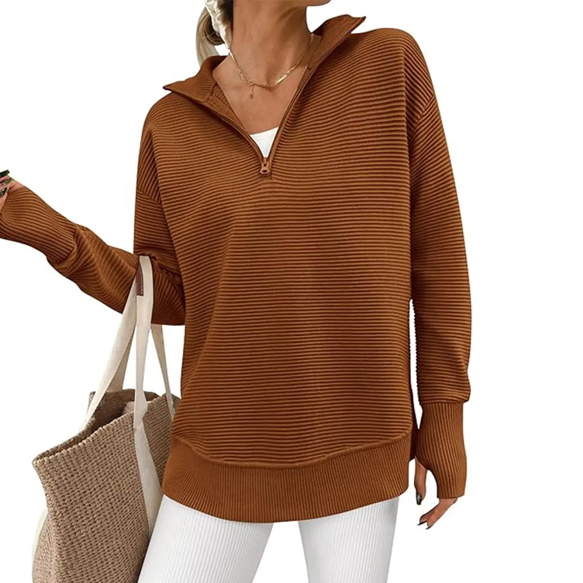 ⏰Hot Sale-Women Oversized Half Zip Collar Vertical Rib Long Sleeve Knit Top