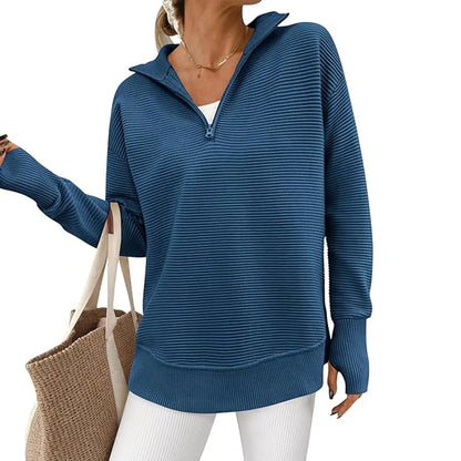 ⏰Hot Sale-Women Oversized Half Zip Collar Vertical Rib Long Sleeve Knit Top