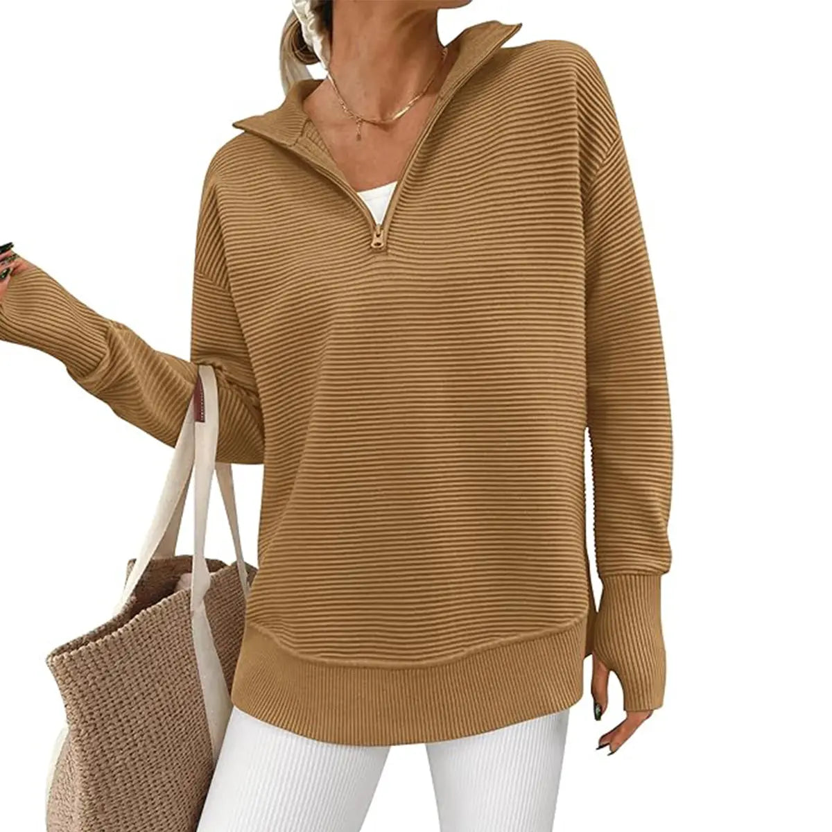 ⏰Hot Sale-Women Oversized Half Zip Collar Vertical Rib Long Sleeve Knit Top