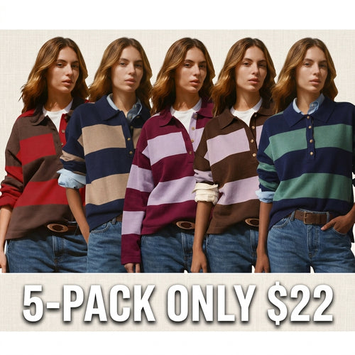 Women's Striped Collared Rugby Polo Sweater Long Sleeve Soft Knit Y2K Casual Pullover Top