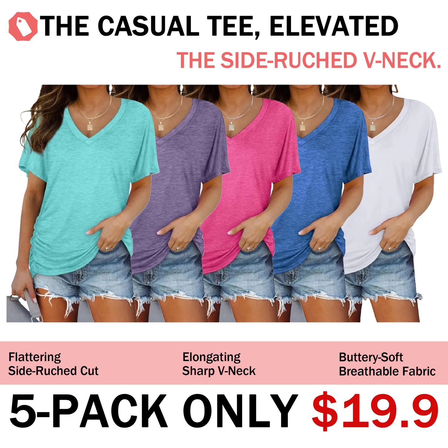 Women's V Neck Dolman Sleeve Side Shirring Loose Fit Top