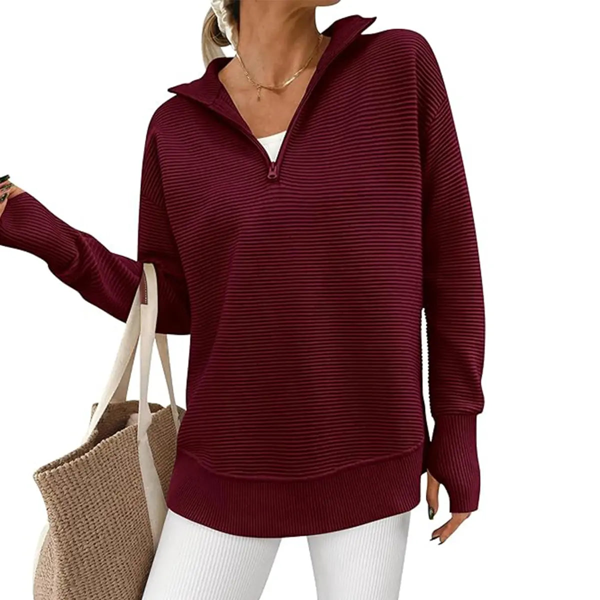 ⏰Hot Sale-Women Oversized Half Zip Collar Vertical Rib Long Sleeve Knit Top