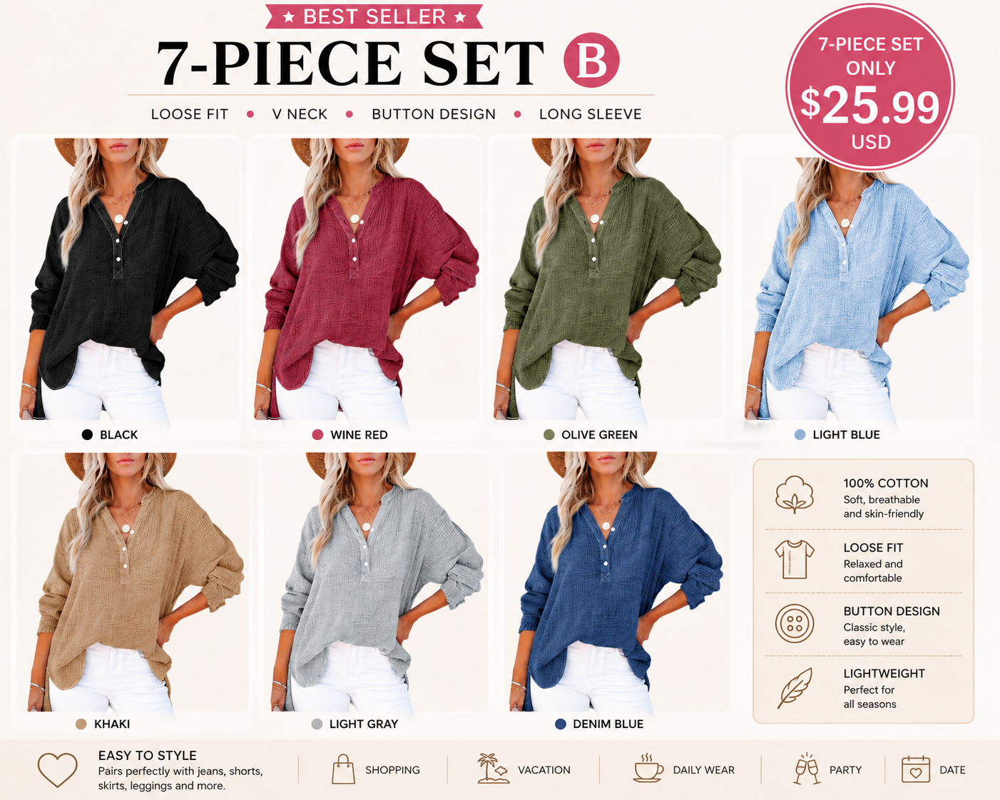 🔥 TODAY ONLY ：Casual V Neck Cotton Blouse - Loose Fit