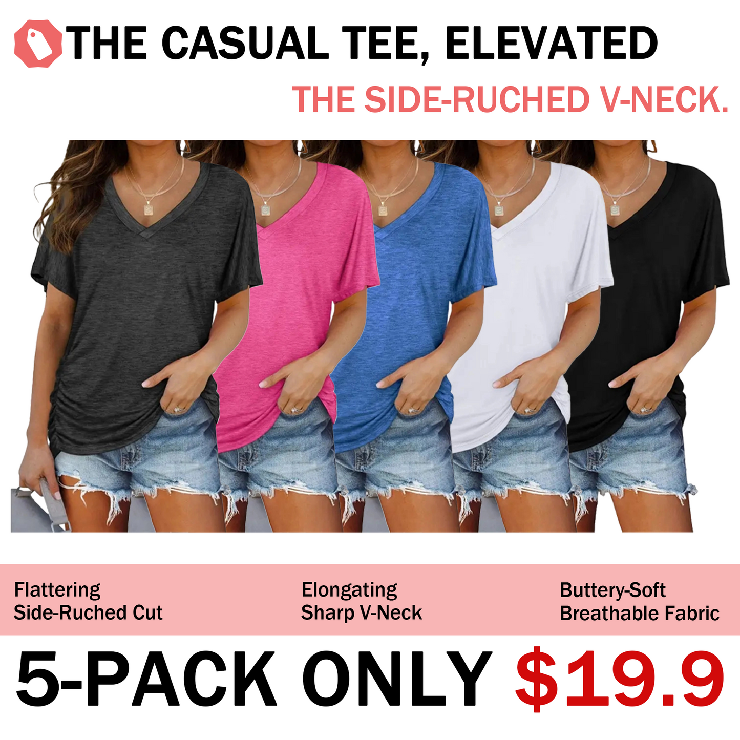 Women's V Neck Dolman Sleeve Side Shirring Loose Fit Top