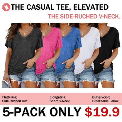 Women's V Neck Dolman Sleeve Side Shirring Loose Fit Top