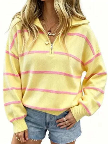 Women's Casual Oversized Zip‑Front Striped Top