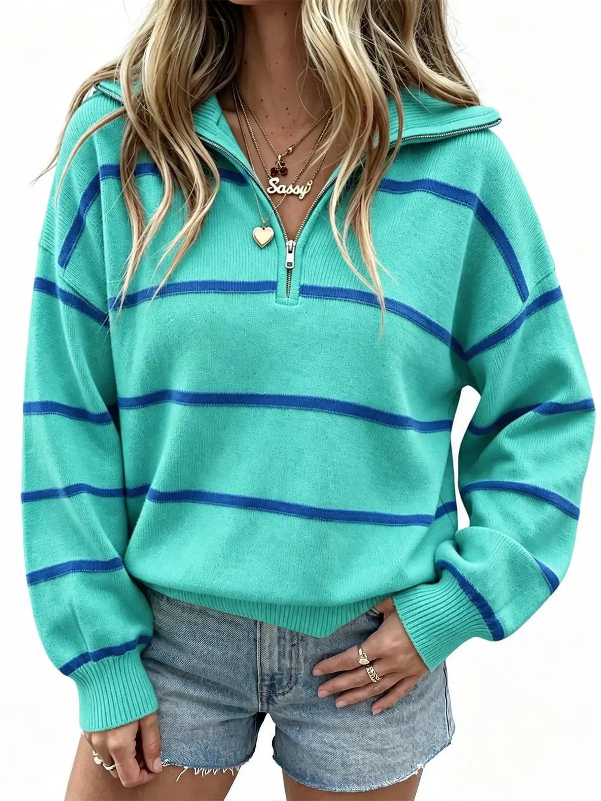 Women's Casual Oversized Zip‑Front Striped Top