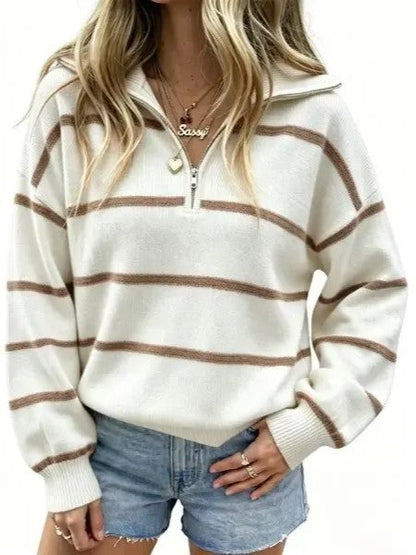 Women's Casual Oversized Zip‑Front Striped Top