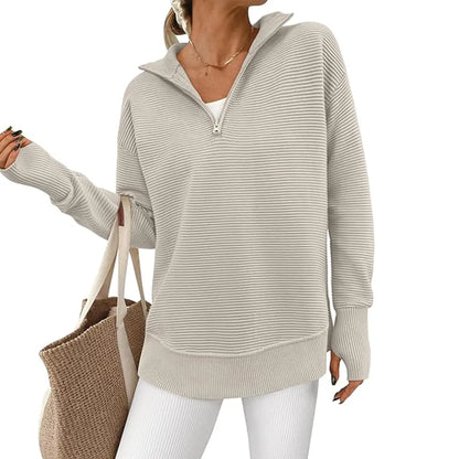 ⏰Hot Sale-Women Oversized Half Zip Collar Vertical Rib Long Sleeve Knit Top