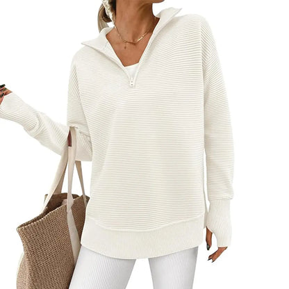 ⏰Hot Sale-Women Oversized Half Zip Collar Vertical Rib Long Sleeve Knit Top